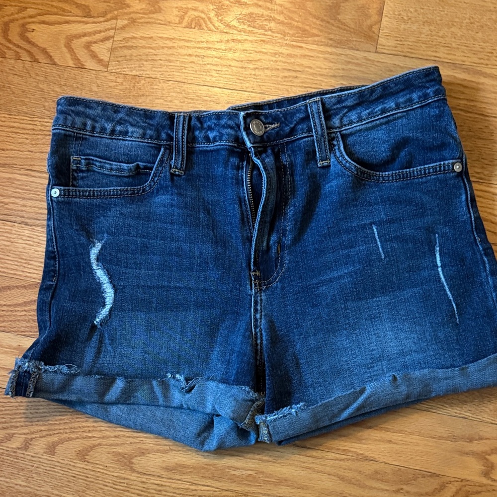 Just Black Dark Wash Distressed Rolled Hem Jean Shorts